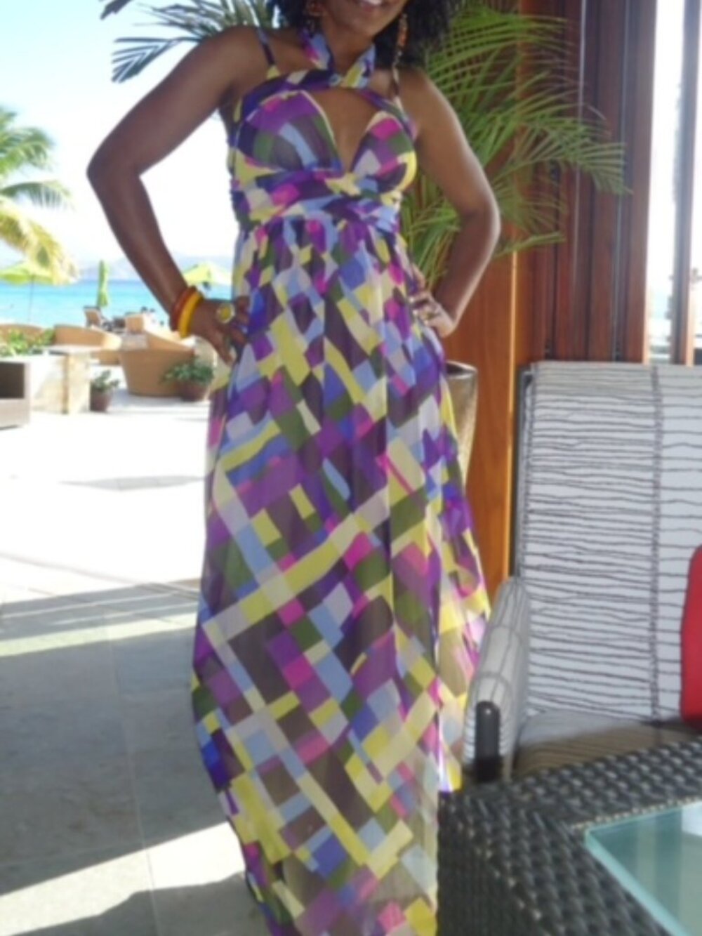 Moda International Women's Multi Color Halter Deep V-Neck Maxi Dress SZ S/P